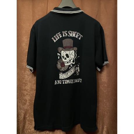 MADE IN JAPAN製 Subciety バック刺繍半袖鹿の子ポロシャツ ブラック Lサイズ