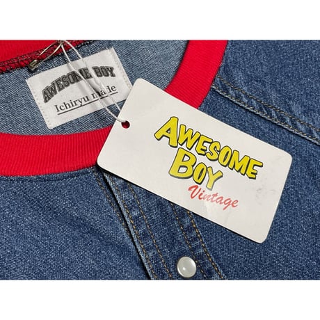 Awesome Boy × ichiryu made REMAKE DENIM RAGLAN SLEEVE SHIRT インディゴ×レッド Fサイズ
