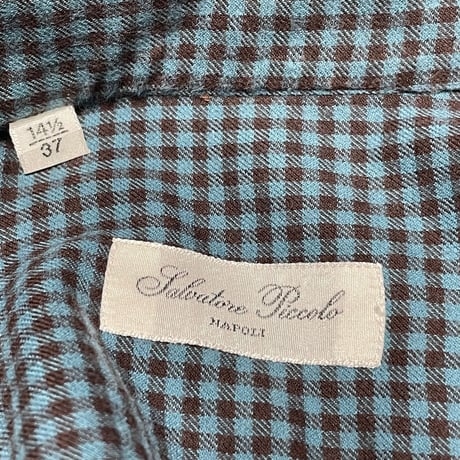 MADE IN ITALY製 Salvatore Piccolo 長袖ギンガムチェックシャツ グリーン×ブラウン 37-14 1/2サイズ