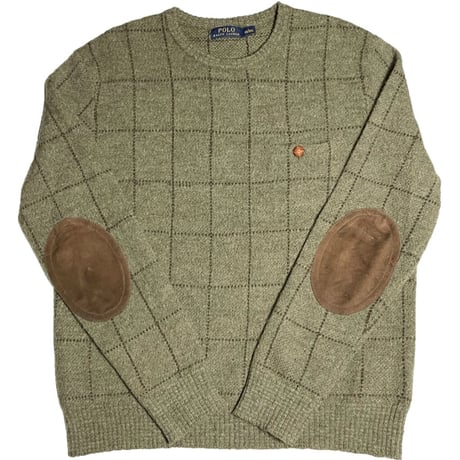 POLO RALPH LAUREN レザーエルボーパッチ付きウールアルパカセーター カーキ Lサイズ