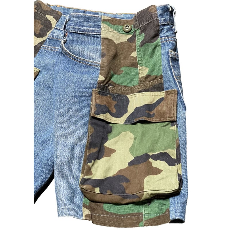 リメイク品 Levi's 501 デニム×迷彩カーゴハーフパンツ ライト リメイク品 Levi's 501 デニム×迷彩カーゴハーフパンツ ライト