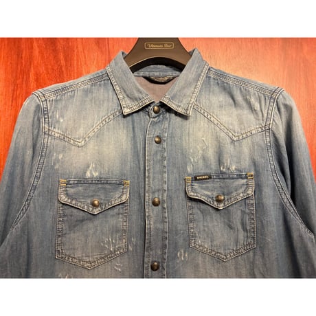 MADE IN ROMANIA製 DIESEL ダメージ加工 長袖デニムウエスタンシャツ ライトインディゴ Mサイズ