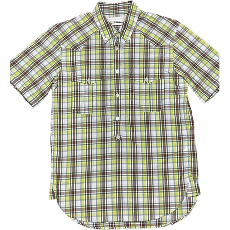 MADE IN ITALY製 ALEXANDER McQUEEN 半袖ボタンダウンチェックシャツ ライムグリーン×ブラウン 44サイズ