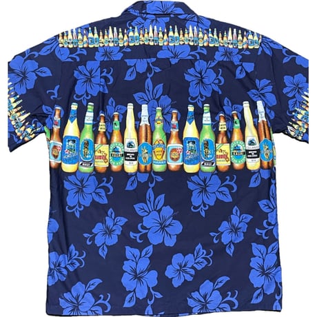 MADE IN HAWAII製 KY'S ビール柄アロハシャツ ネイビー Mサイズ
