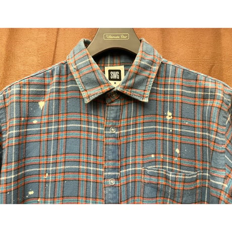 MADE IN JAPAN製 SWAGGER ブリーチ加工 チェック柄 長袖フランネルシャツ ブルー XLサイズ