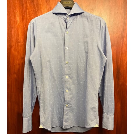 【BARNEYS NEWYORK 取り扱い】 MADE IN ITALY製 Finamore 小紋柄 長袖シャンブレーシャツ サックスブルー Sサイズ