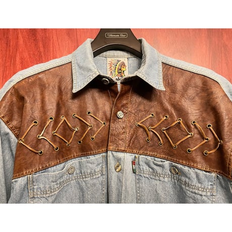 palet. JEANS レザー切り替え長袖デニムウエスタンシャツ ライトインディゴ×ブラウン Lサイズ