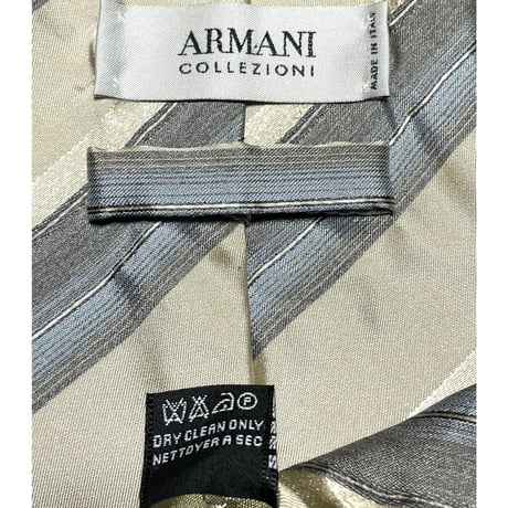 MADE IN ITALY製 ARMANI COLLEZIONI レジメンタルストライプ柄シルクネクタイ シャンパンゴールド×グレー