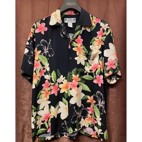 MADE IN HAWAII製 TWO PALMS 半袖花柄アロハシャツ ブラック Mサイズ