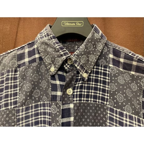 MADE IN USA製 CLEVE SHIRTMAKERS 半袖パッチワークボタンダウンシャツ ネイビー Sサイズ