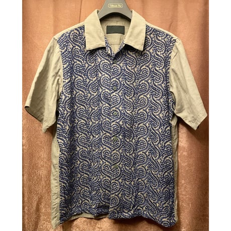 MADE IN JAPAN製 Godem 半袖刺繍開襟シャツ カーキ×ネイビー 3サイズ