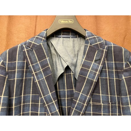 GREEN LABEL RELAXING チェック柄リネンテーラードジャケット ブルー×ネイビー Lサイズ