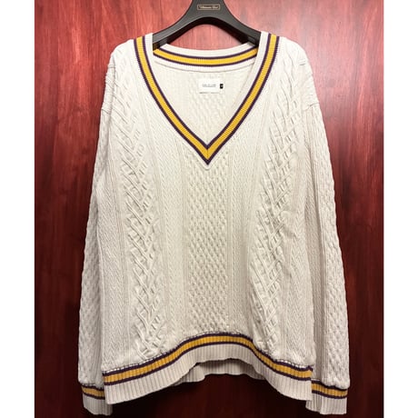 MADE IN JAPAN製 CAL O LINE ケーブルニット コットンVネックセーター オフホワイト Mサイズ