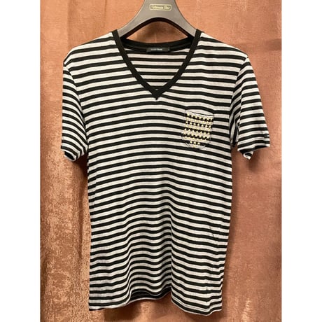 MADE IN JAPAN製 GUILD PRIME 胸ポケット付きVネックボーダーTシャツ ブラック×グレー 1サイズ