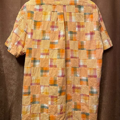 90s CHAPS RALPH LAUREN 半袖ボタンダウンパッチワークシャツ オレンジ Mサイズ