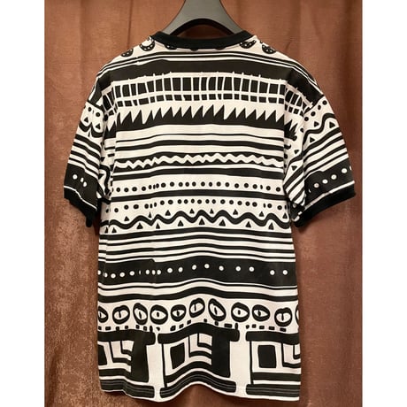 MADE IN JAPAN製 ROCSTAR ポケット付き総柄Tシャツ ホワイト×ブラック Lサイズ