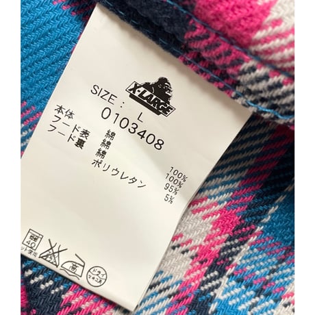 XLARGE フード付きチェック柄ネルシャツ ピンク×ブルー Lサイズ