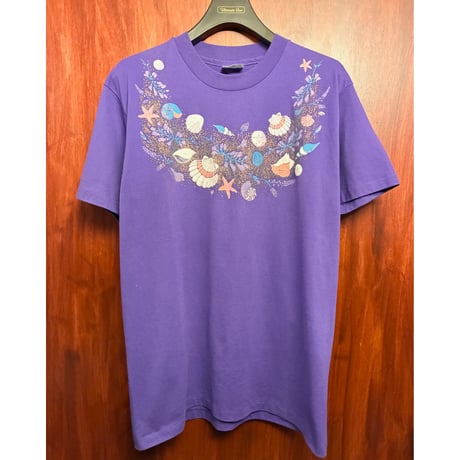MADE IN USA製 80s Hanes Fifty-Fiftyボディ 貝殻立体プリントTシャツ パープル Lサイズ