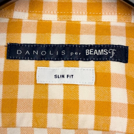 MADE IN ITALY製 DANOLIS per BEAMS F SLIM FIT ギンガムチェック柄 長袖シャツ オレンジ×ホワイト XSサイズ