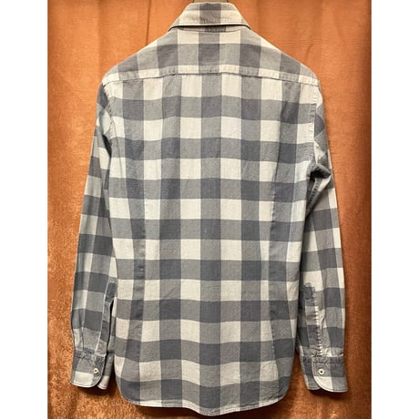 MADE IN ITALY製 ORIAN DENIM DIVISION ブロックチェック柄 長袖デニムシャツ ネイビー×ブルー Sサイズ