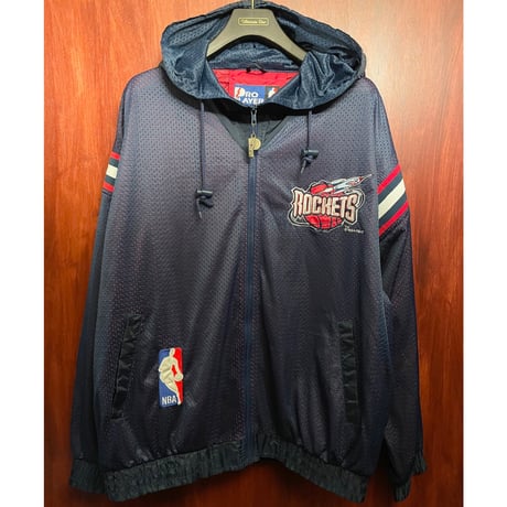 MADE IN KOREA製 90s PRO PLAYER × NBA HOUSTON ROCKETS ナイロンメッシュフルジップパーカー ネイビー×レッド Lサイズ