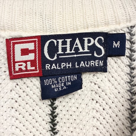 レア MADE IN USA製 90s CHAPS RALPH LAUREN ストライプ柄 クルーネックコットンセーター ホワイト Mサイズ