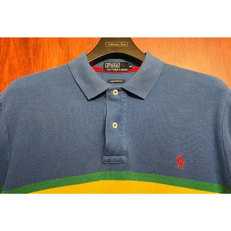 90s～00s インパクト21製 Polo by Ralph Lauren CUSTOM FIT 半袖ニットポロシャツ ブルー Mサイズ