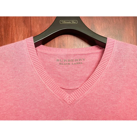 BURBERRY BLACK LABEL ボーダー柄Vネックコットンセーター ピンク 3/Lサイズ