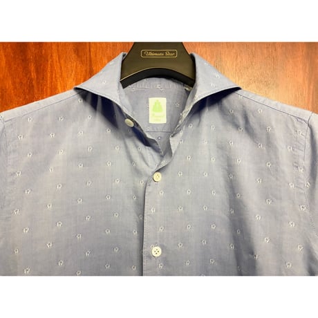 【BARNEYS NEWYORK 取り扱い】 MADE IN ITALY製 Finamore 小紋柄 長袖シャンブレーシャツ サックスブルー Sサイズ