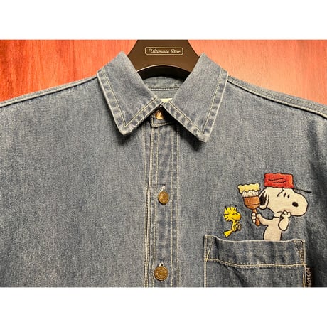 MADE IN USA製 90s TOO CUTE × PEANUTS SNOOPY 刺繍入り長袖デニムシャツ インディゴ Mサイズ