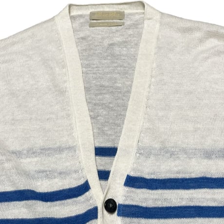 NANO UNIVERSE The 1st Floor French Linen ボーダー柄カーディガン ホワイト×ブルー Lサイズ