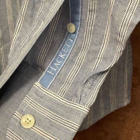 MADE IN PORTUGAL製 HACKETT LONDON 長袖ストライプコットンリネンシャツ スカイブルー Sサイズ