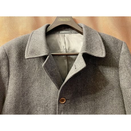 MADE IN ITALY製 LEBOLE LANIFICIO CAMPORE ウールカシミヤ生地 ヘリンボーン柄 ステンカラーコート チャコールグレー