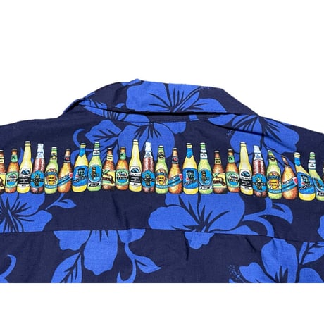 MADE IN HAWAII製 KY'S ビール柄アロハシャツ ネイビー Mサイズ