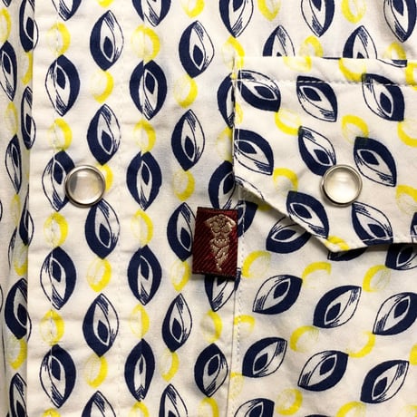 MADE IN ENGLAND製 80s～90s COLIN HARVEY BLUE SPOT 総柄長袖ウエスタンシャツ ホワイト Mサイズ