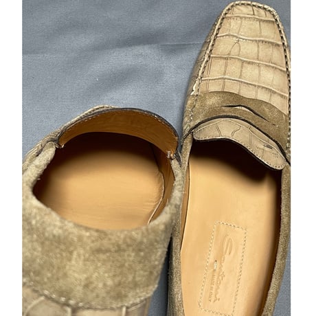 MADE IN ITALY製 SANTONI クロコ型押しローファー ベージュ 7 1/2サイズ