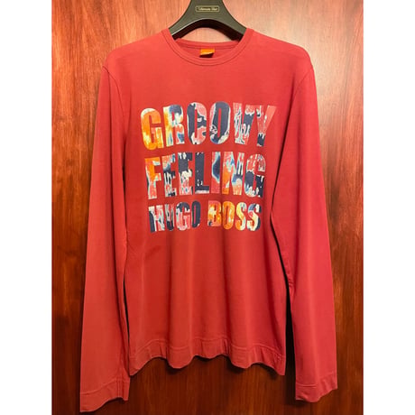 MADE IN PORTUGAL製 HUGO BOSS 長袖プリントTシャツ レッド Mサイズ