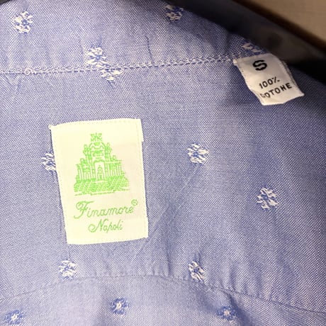【BARNEYS NEWYORK 取り扱い】 MADE IN ITALY製 Finamore 小紋柄 長袖シャンブレーシャツ サックスブルー Sサイズ