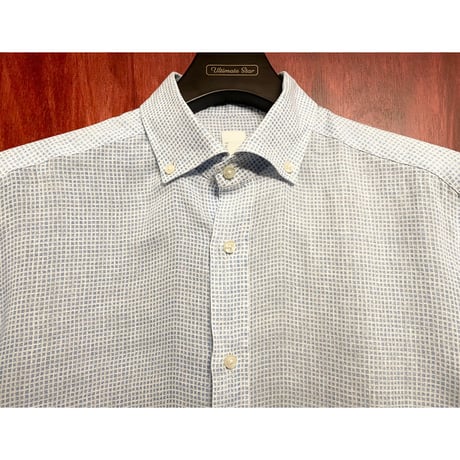 CIT LUXURY チェック柄 長袖ボタンダウンリネンシャツ スカイブルー×ホワイト Mサイズ