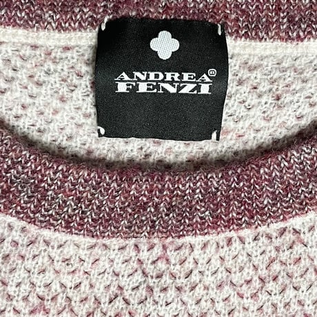MADE IN ITALY製 ANDREA FENZI クルーネックメリノウールナイロンセーター ホワイト×エンジ 48サイズ