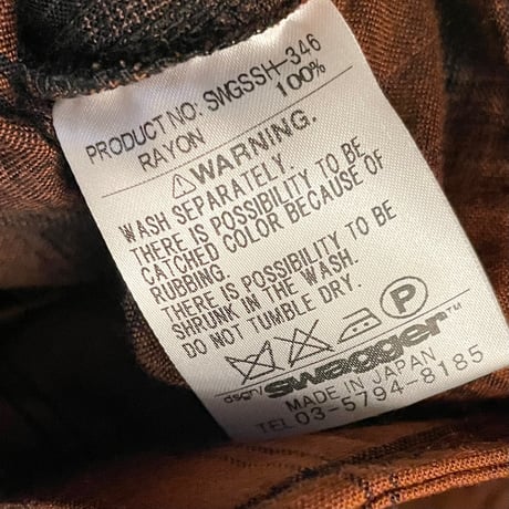 MADE IN JAPAN製 SWAGGER 半袖チェック開襟レーヨンシャツ オレンジ×ブラック Mサイズ
