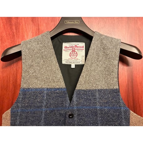 MADE IN UK製 90s Harris Tweed 切り替えウール ジレベスト マルチカラー Mサイズ
