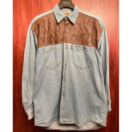 palet. JEANS レザー切り替え長袖デニムウエスタンシャツ ライトインディゴ×ブラウン Lサイズ