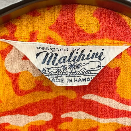レア MADE IN HAWAII製 Malihini 半袖総柄アロハシャツ オレンジ