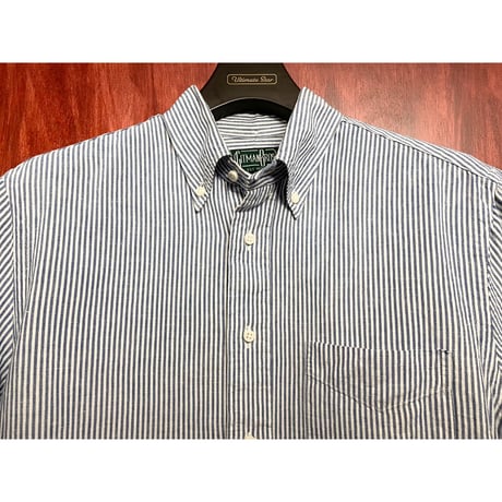 MADE IN USA製 GITMAN BROS VINTAGE ストライプ柄半袖ボタンダウンリネンコットンシャツ ホワイト×ブルー Mサイズ