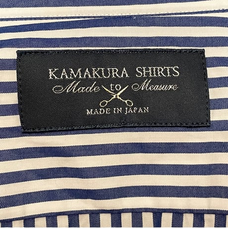 MADE IN JAPAN製 KAMAKURA SHIRTS 長袖ストライプタブカラーシャツ ホワイト×ネイビー