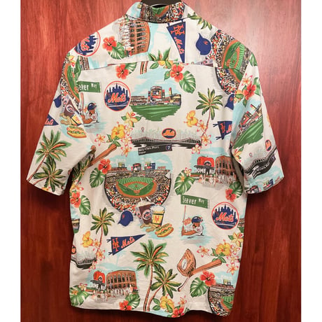 激レア MADE IN KOREA製 オフィシャル品 Reyn Spooner × MLB NEW YORK METS コットンアロハシャツ マルチカラー Sサイズ