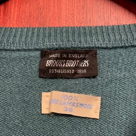 希少 MADE IN ENGLAND製 70s BROOKS BROTHERS ラムウールVネックセーター グリーン 38サイズ