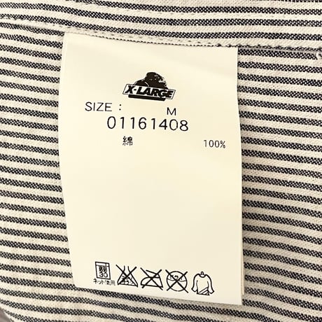 MADE IN JAPAN製 XLARGE × DiSNEY MICKEY MOUSE バックプリント入り ストライプ柄半袖シャツ ネイビー×ホワイト Mサイズ