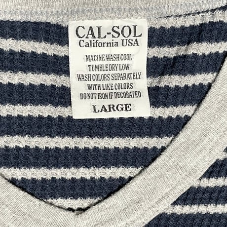 MADE IN USA製 CAL-SOL Vネック長袖ボーダーサーマルシャツ ネイビー×グレー Lサイズ